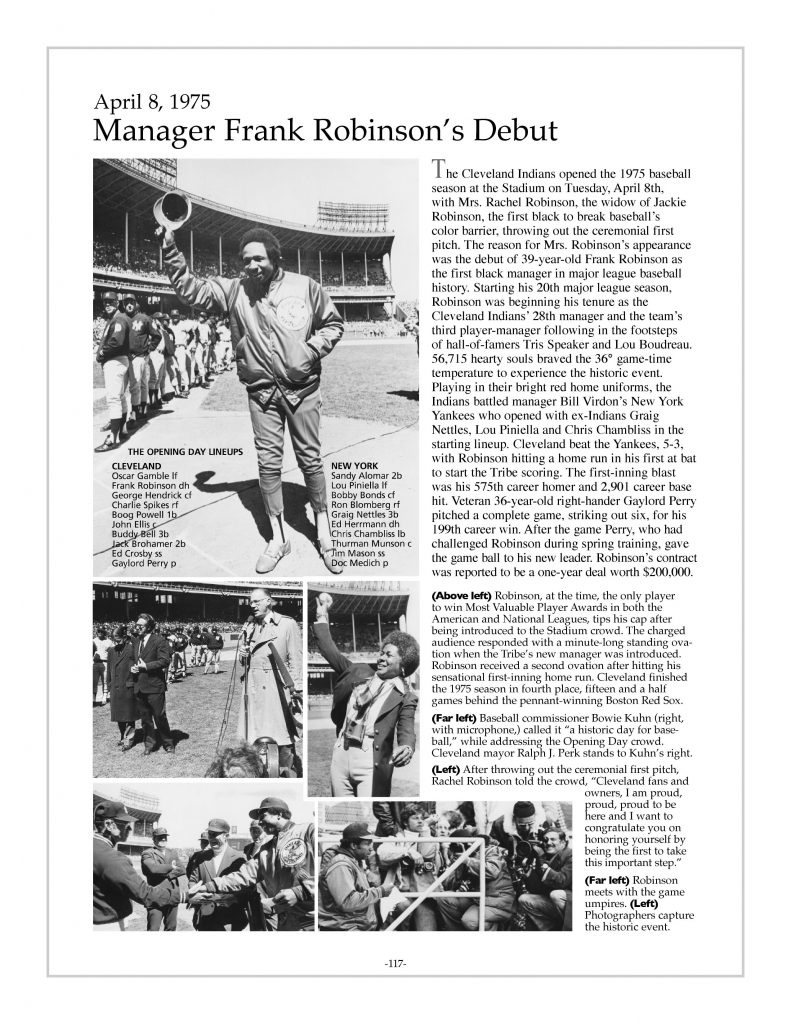 Cleveland Indians player/manager Frank Robinson's debut at Municipal Stadium with Bowie Kuhn, Rachel Robinson, April, 1975